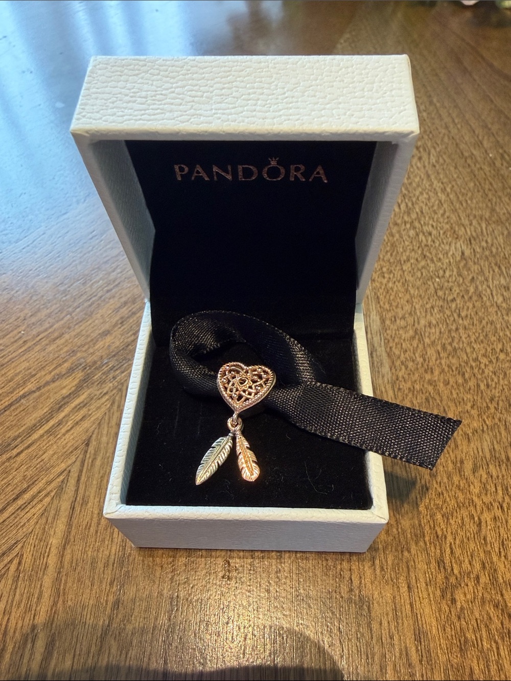 Pandora Rose Gold Filigree Heart Charm with Feather Drops
